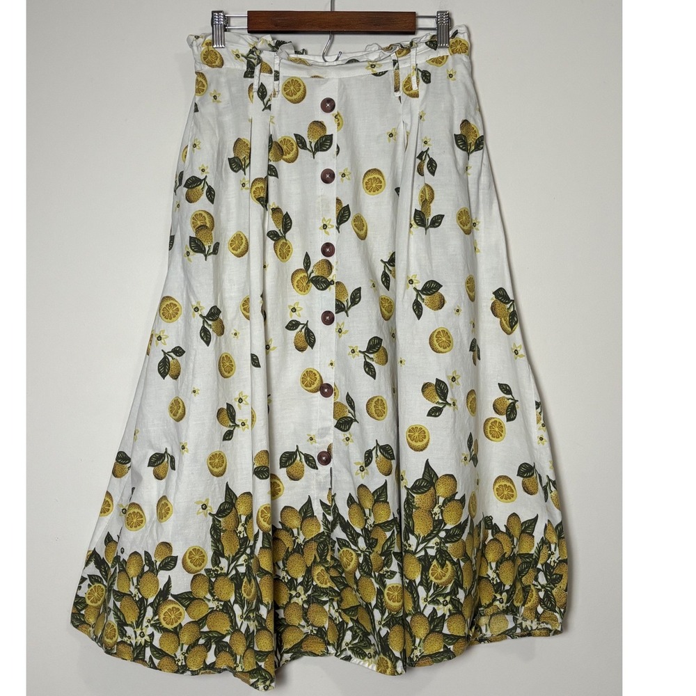 Her Destiny Lemon Print Cotton Midi Skirt L Cottage Summer Retro Coastal Kitsch